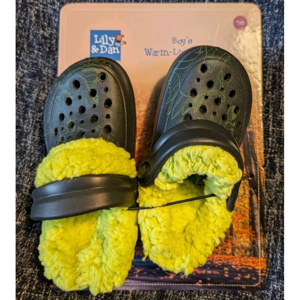 Lily & Dan Boys 7/8 Warm Lined Clogs Black Green Dinosaur Slip-On Outdoor
